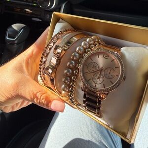 Elegant Rose Gold Watch and Bracelet Set